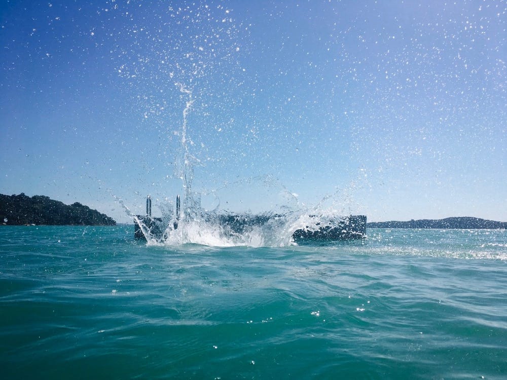 See a pontoon. Swim to a pontoon. Jump from a pontoon